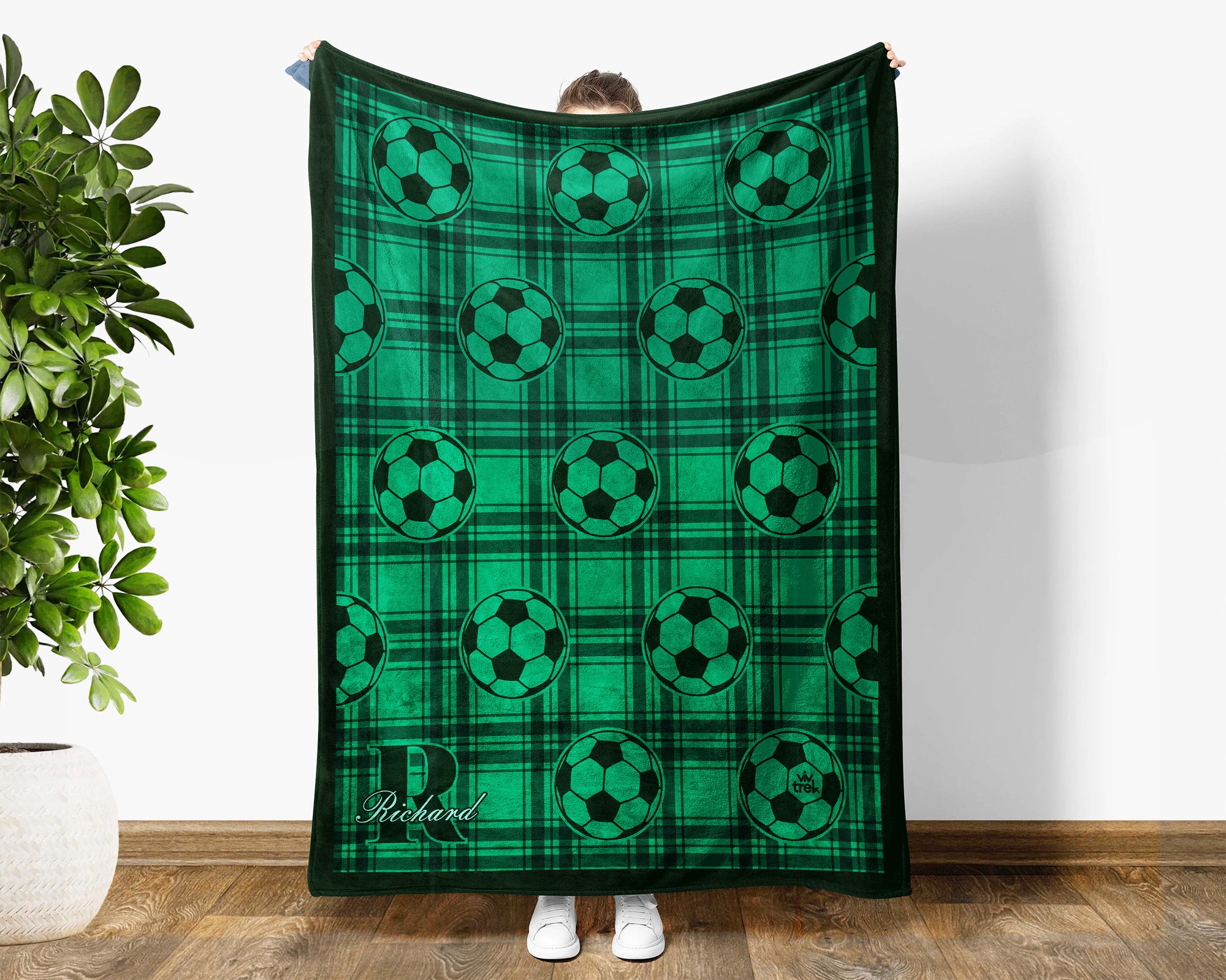 Custom Name Soccer Plaid Blanket, Personalized Name Soccer Throw for Boys and Girls, Aesthetic Unique Soccer Lover Gift, Cozy Sports Blanket