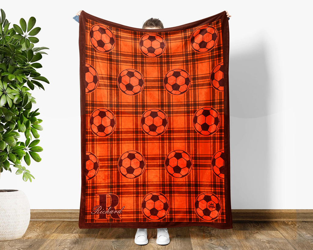 Custom Name Soccer Plaid Blanket, Personalized Name Soccer Throw for Boys and Girls, Aesthetic Unique Soccer Lover Gift, Cozy Sports Blanket