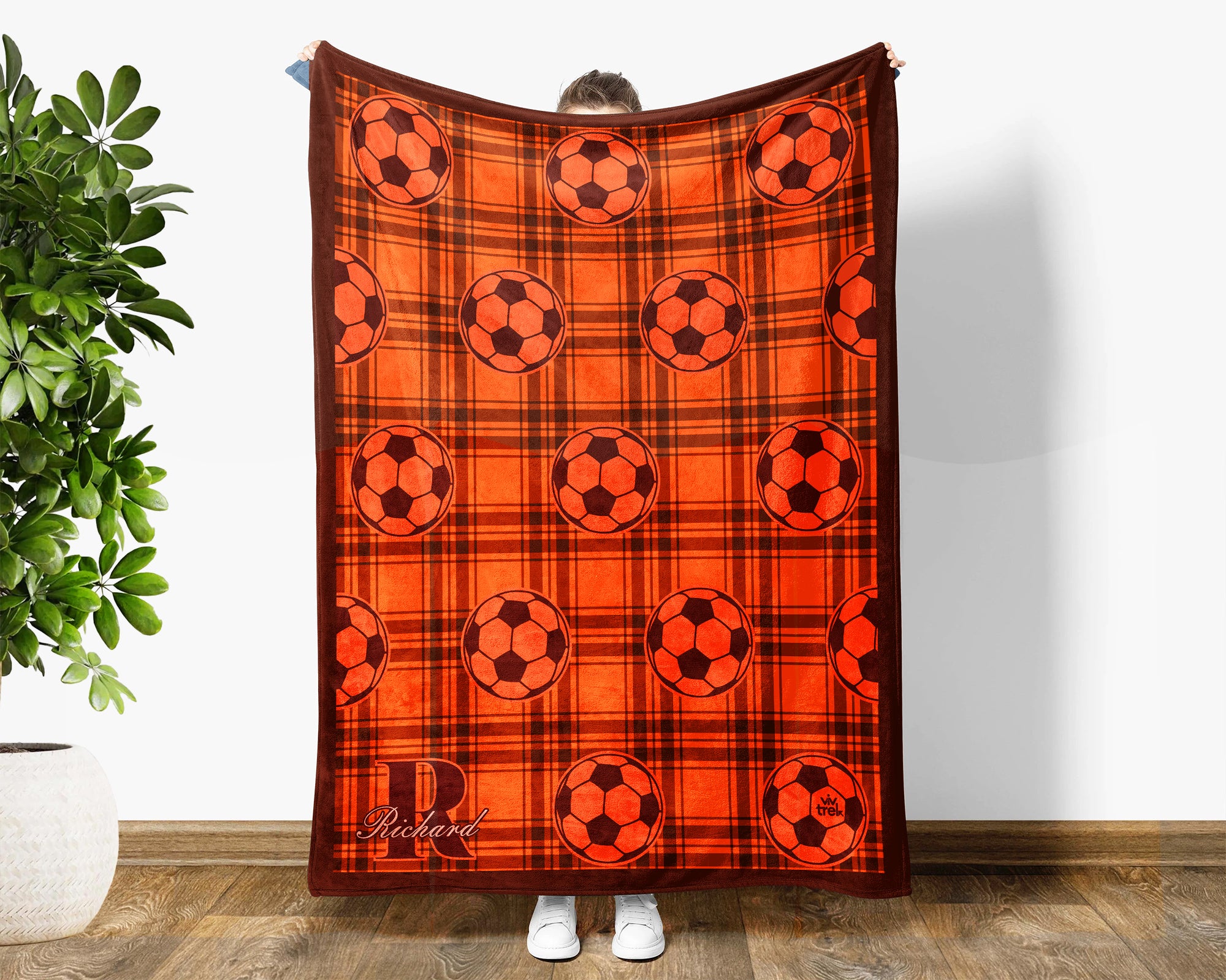 Custom Name Soccer Plaid Blanket, Personalized Name Soccer Throw for Boys and Girls, Aesthetic Unique Soccer Lover Gift, Cozy Sports Blanket