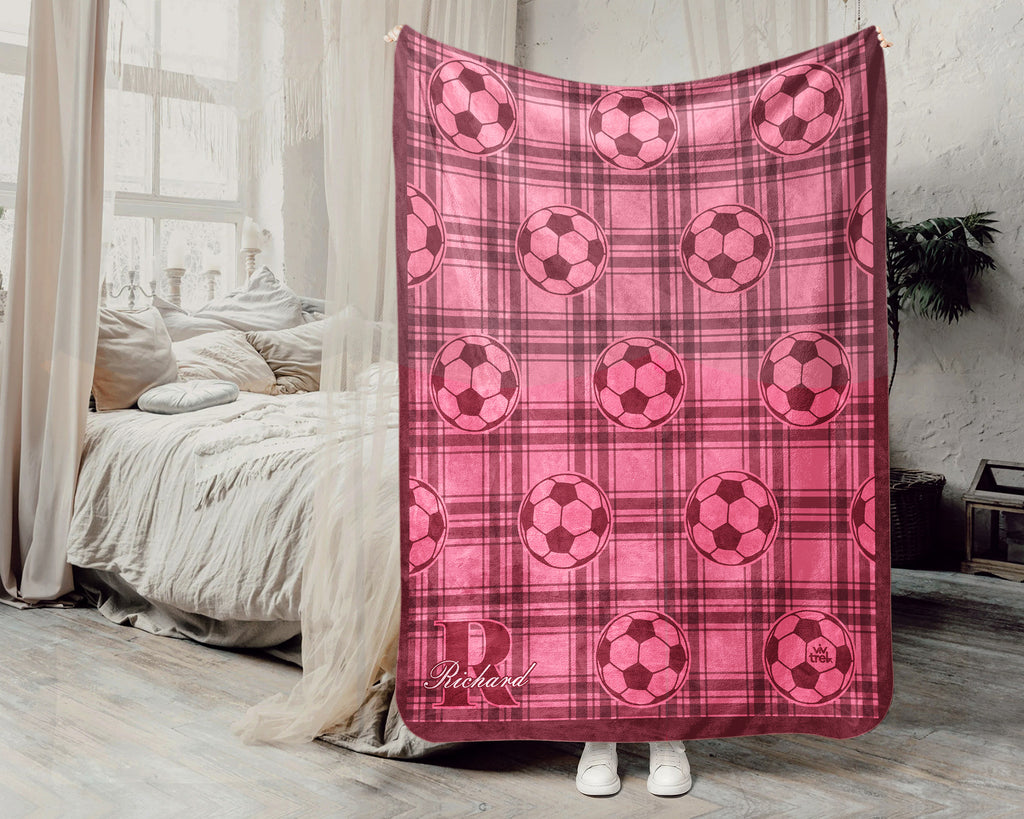 Custom Name Soccer Plaid Blanket, Personalized Name Soccer Throw for Boys and Girls, Aesthetic Unique Soccer Lover Gift, Cozy Sports Blanket