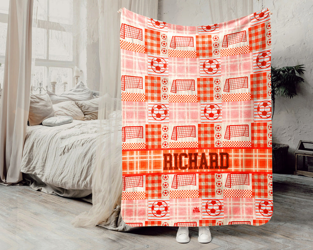 Custom Name Soccer Blanket, Personalized Name Soccer Plaid Throw for Boys and Girls, Unique Soccer Lover Gift for Athlete, Cozy Sports Blanket