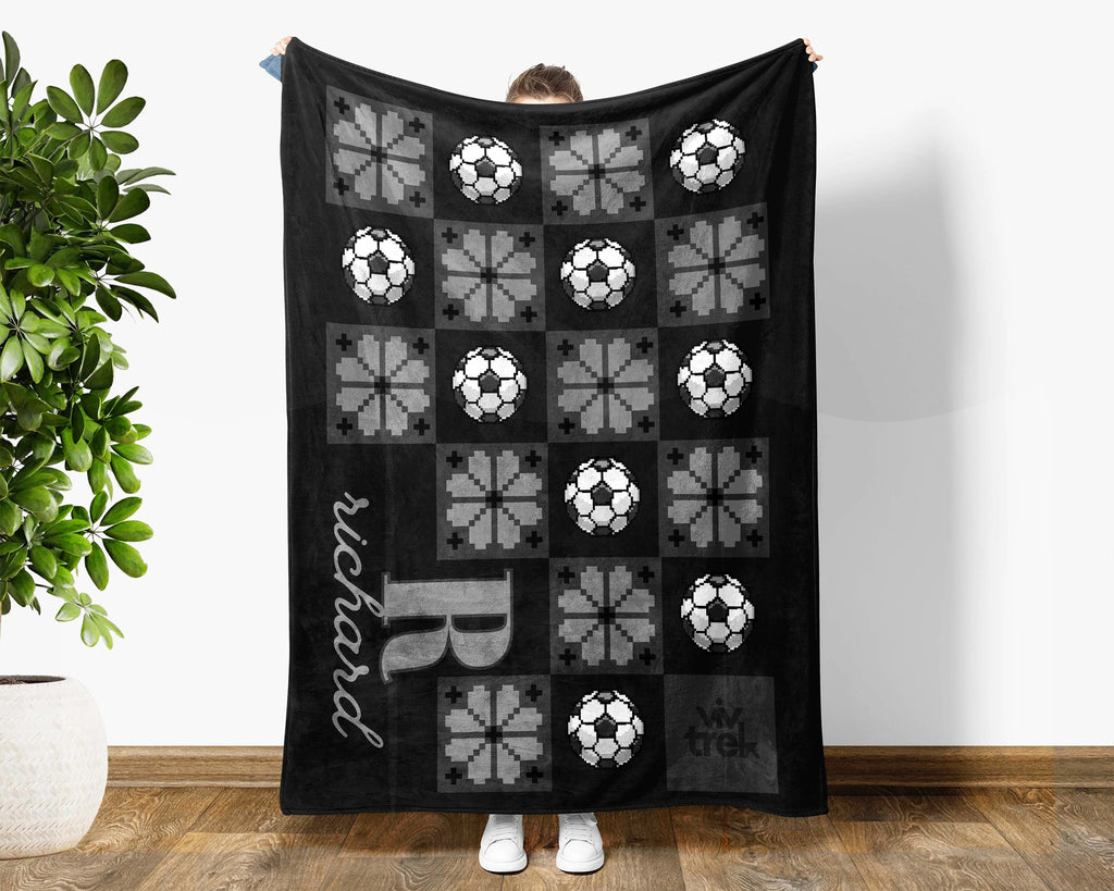 Custom Name Soccer Blanket, Personalized Name Soccer Pixel Art Throw for Boys and Girls, Unique Soccer Lover Gift, Sports 8-bit Flower Blanket