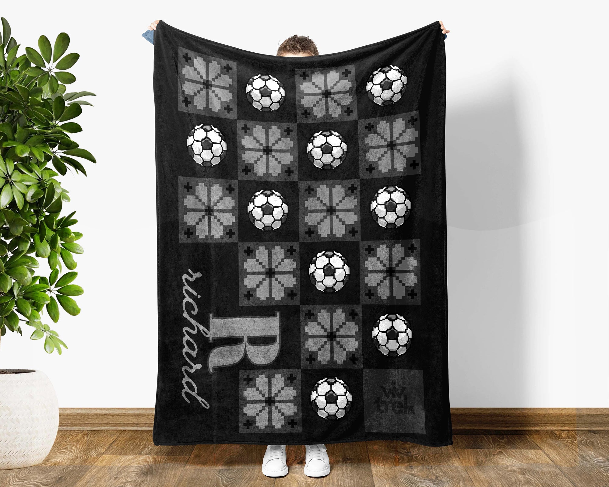 Custom Name Soccer Blanket, Personalized Name Soccer Pixel Art Throw for Boys and Girls, Unique Soccer Lover Gift, Sports 8-bit Flower Blanket