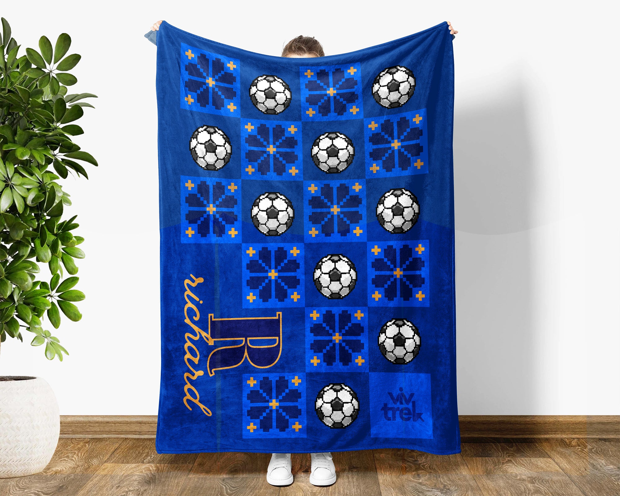 Custom Name Soccer Blanket, Personalized Name Soccer Pixel Art Throw for Boys and Girls, Unique Soccer Lover Gift, Sports 8-bit Flower Blanket