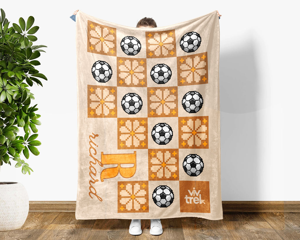 Custom Name Soccer Blanket, Personalized Name Soccer Pixel Art Throw for Boys and Girls, Unique Soccer Lover Gift, Sports 8-bit Flower Blanket