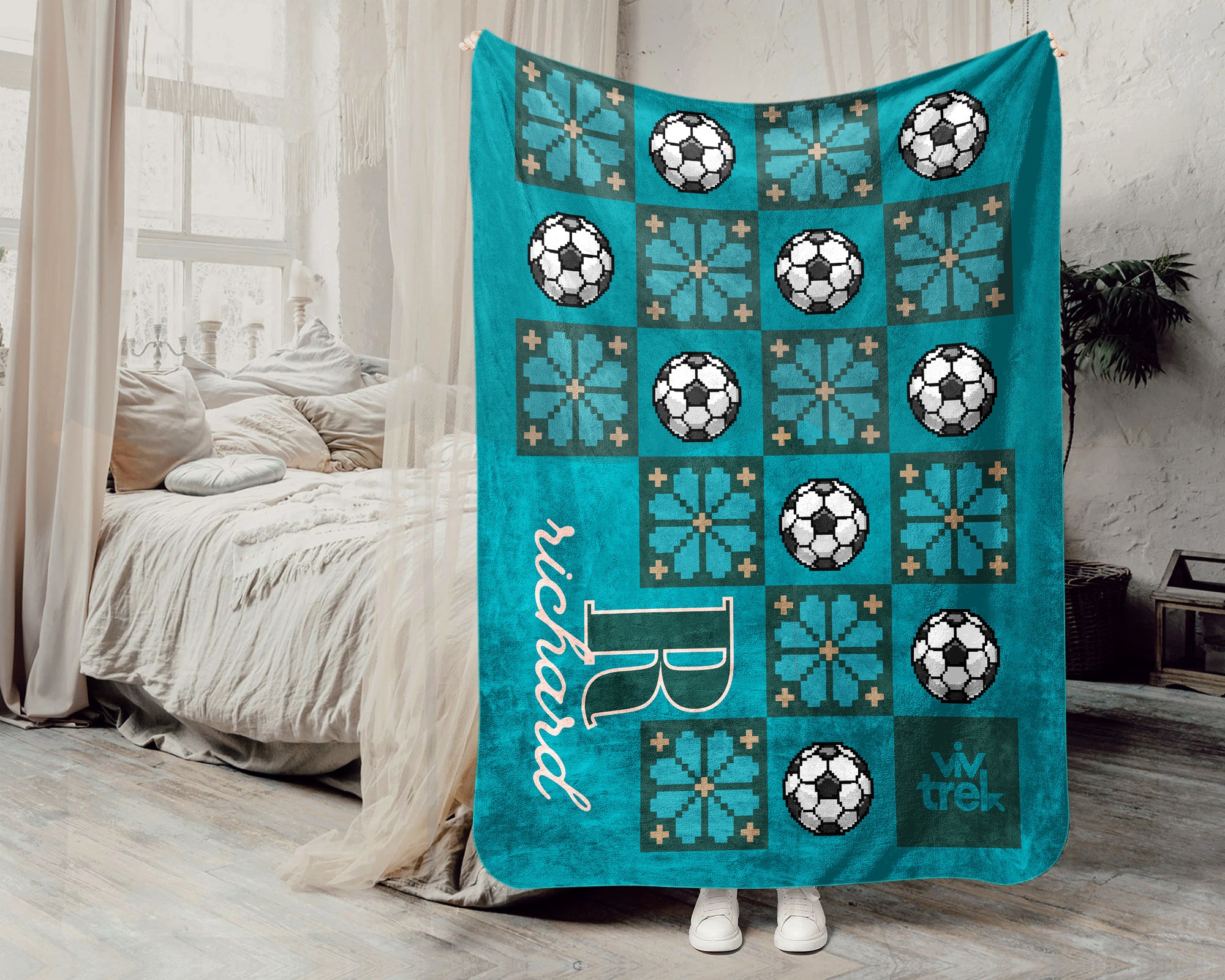 Custom Name Soccer Blanket, Personalized Name Soccer Pixel Art Throw for Boys and Girls, Unique Soccer Lover Gift, Sports 8-bit Flower Blanket