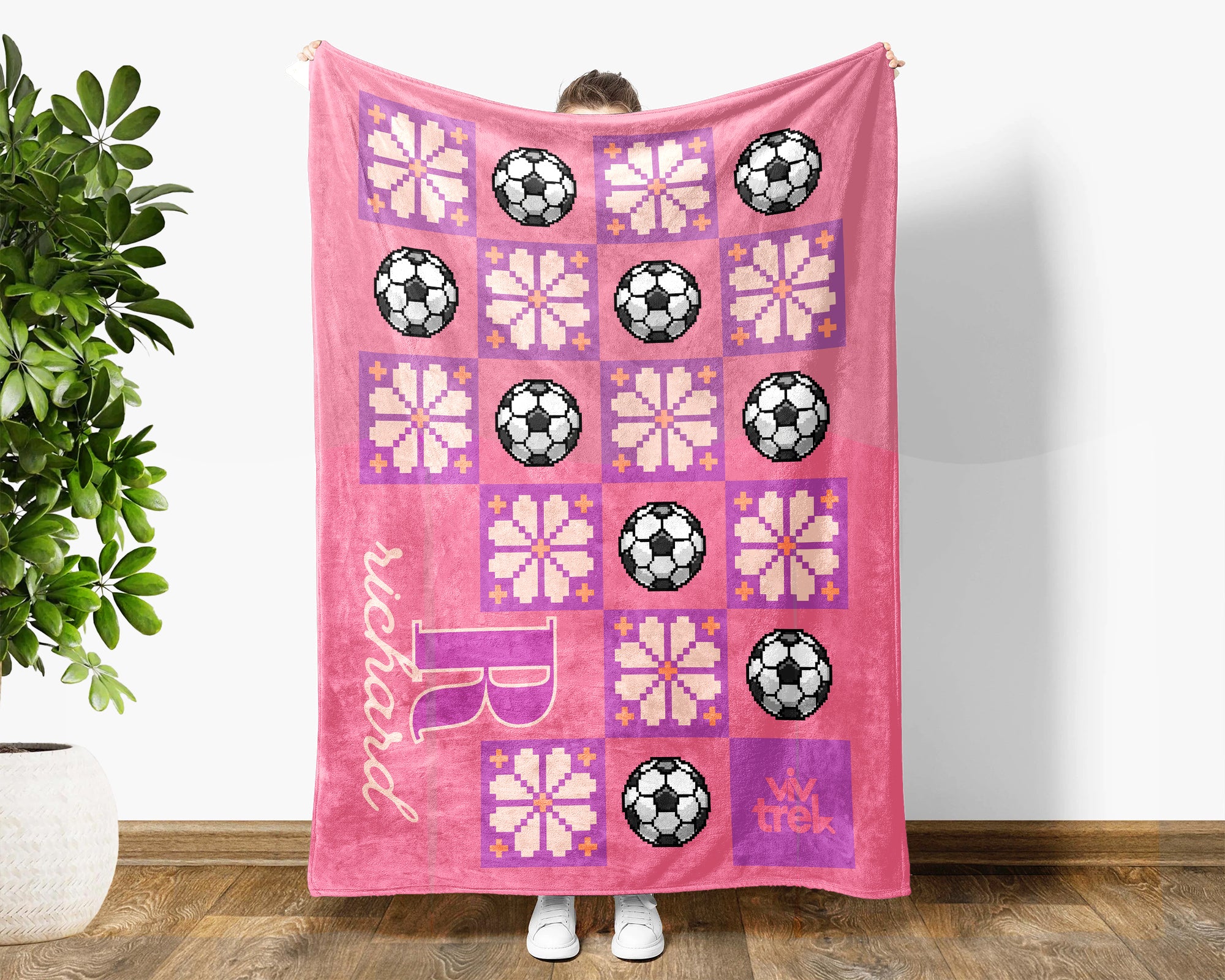 Custom Name Soccer Blanket, Personalized Name Soccer Pixel Art Throw for Boys and Girls, Unique Soccer Lover Gift, Sports 8-bit Flower Blanket