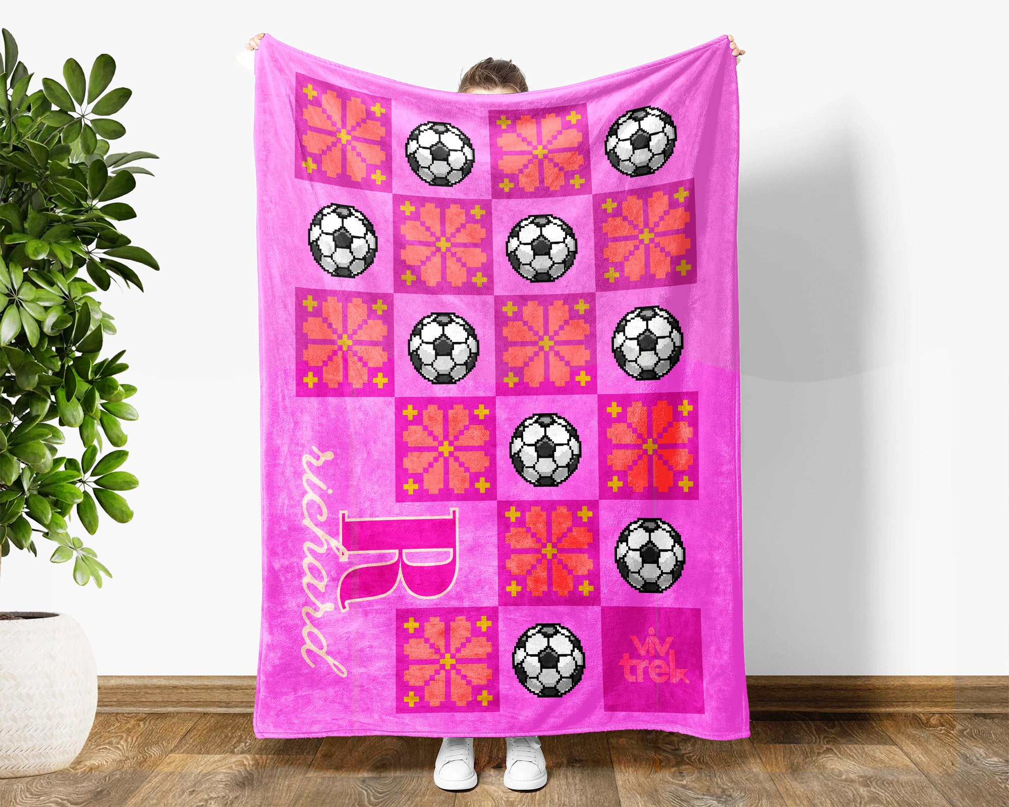 Custom Name Soccer Blanket, Personalized Name Soccer Pixel Art Throw for Boys and Girls, Unique Soccer Lover Gift, Sports 8-bit Flower Blanket