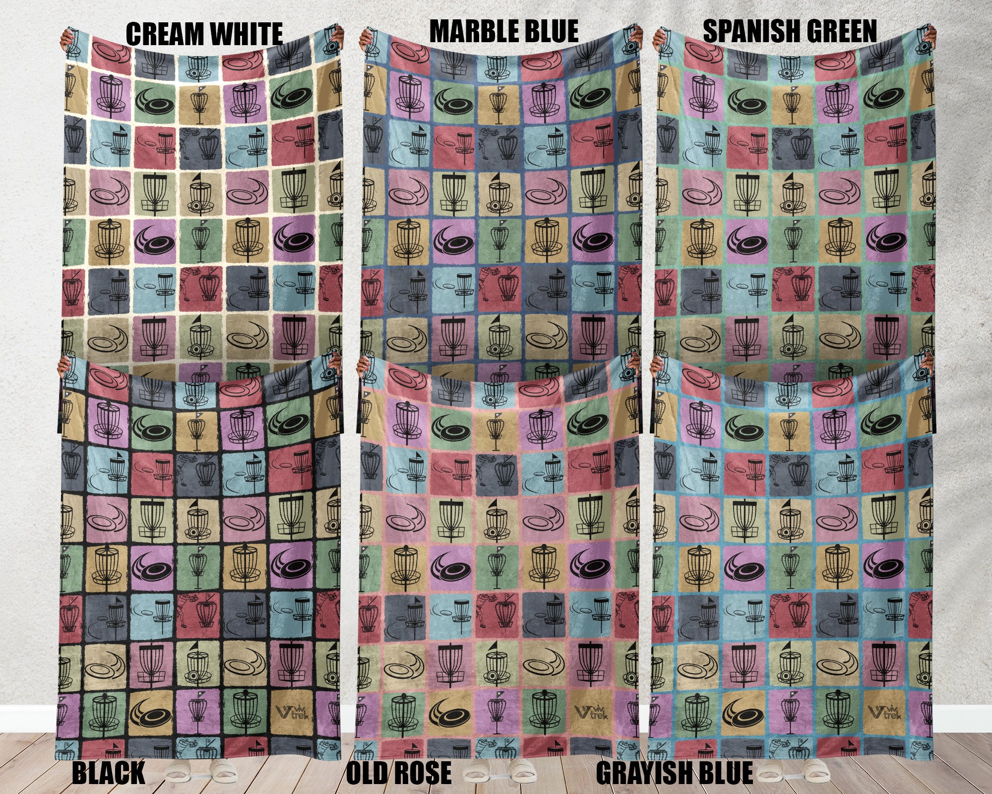 Three color swatches of a disk golf patterned fabric with different color options.