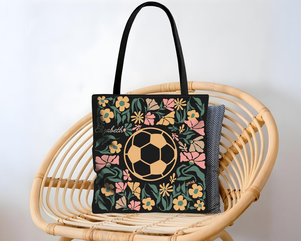 Custom Name Soccer Floral Tote Bag, Personalized Football Lover Bag, Cute Sports Canvas Tote, Soccer Player Gift, Aesthetic Soccer Carry Bag