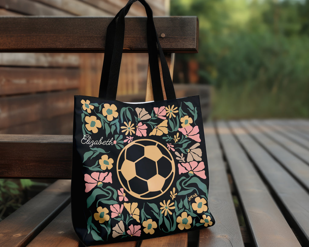 Custom Name Soccer Floral Tote Bag, Personalized Football Lover Bag, Cute Sports Canvas Tote, Soccer Player Gift, Aesthetic Soccer Carry Bag