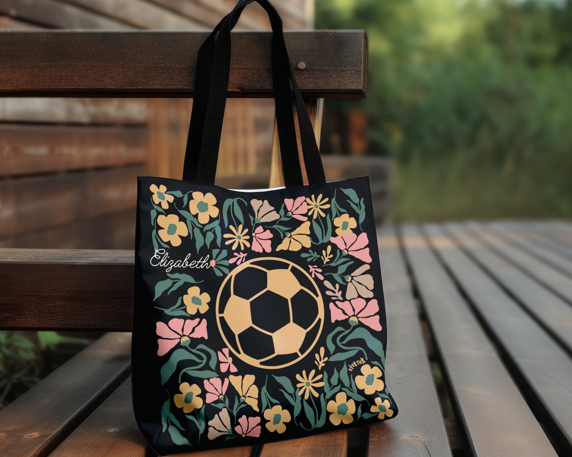 Custom Name Soccer Floral Tote Bag, Personalized Football Lover Bag, Cute Sports Canvas Tote, Soccer Player Gift, Aesthetic Soccer Carry Bag
