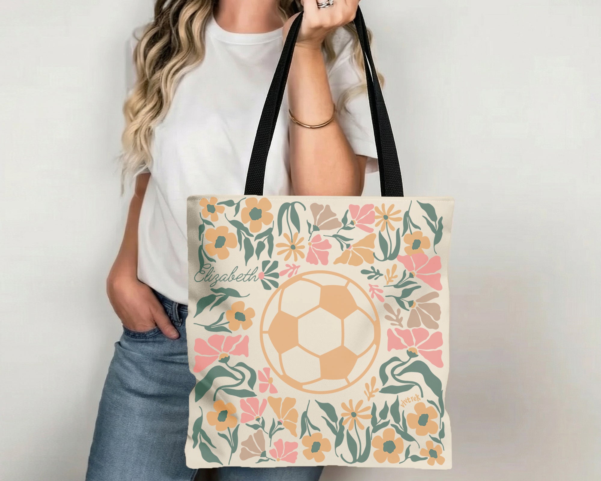 Custom Name Soccer Floral Tote Bag, Personalized Football Lover Bag, Cute Sports Canvas Tote, Soccer Player Gift, Aesthetic Soccer Carry Bag