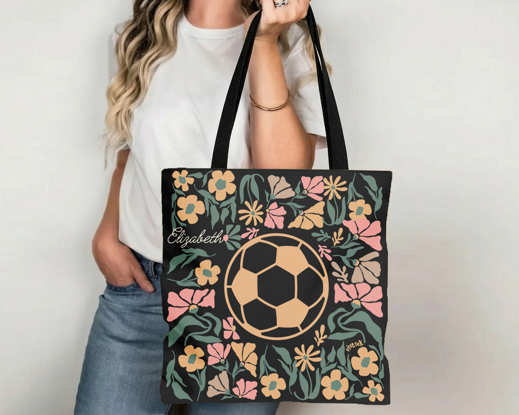 Custom Name Soccer Floral Tote Bag, Personalized Football Lover Bag, Cute Sports Canvas Tote, Soccer Player Gift, Aesthetic Soccer Carry Bag