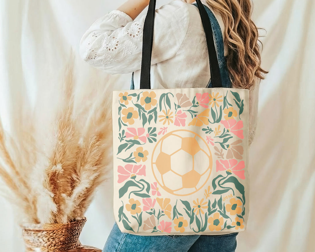 Soccer Floral Tote Bag Gift, Cute Football Lover Canvas Bag, Aesthetic Sports Tote, Soccer Player Gift, Everyday Carry Bag