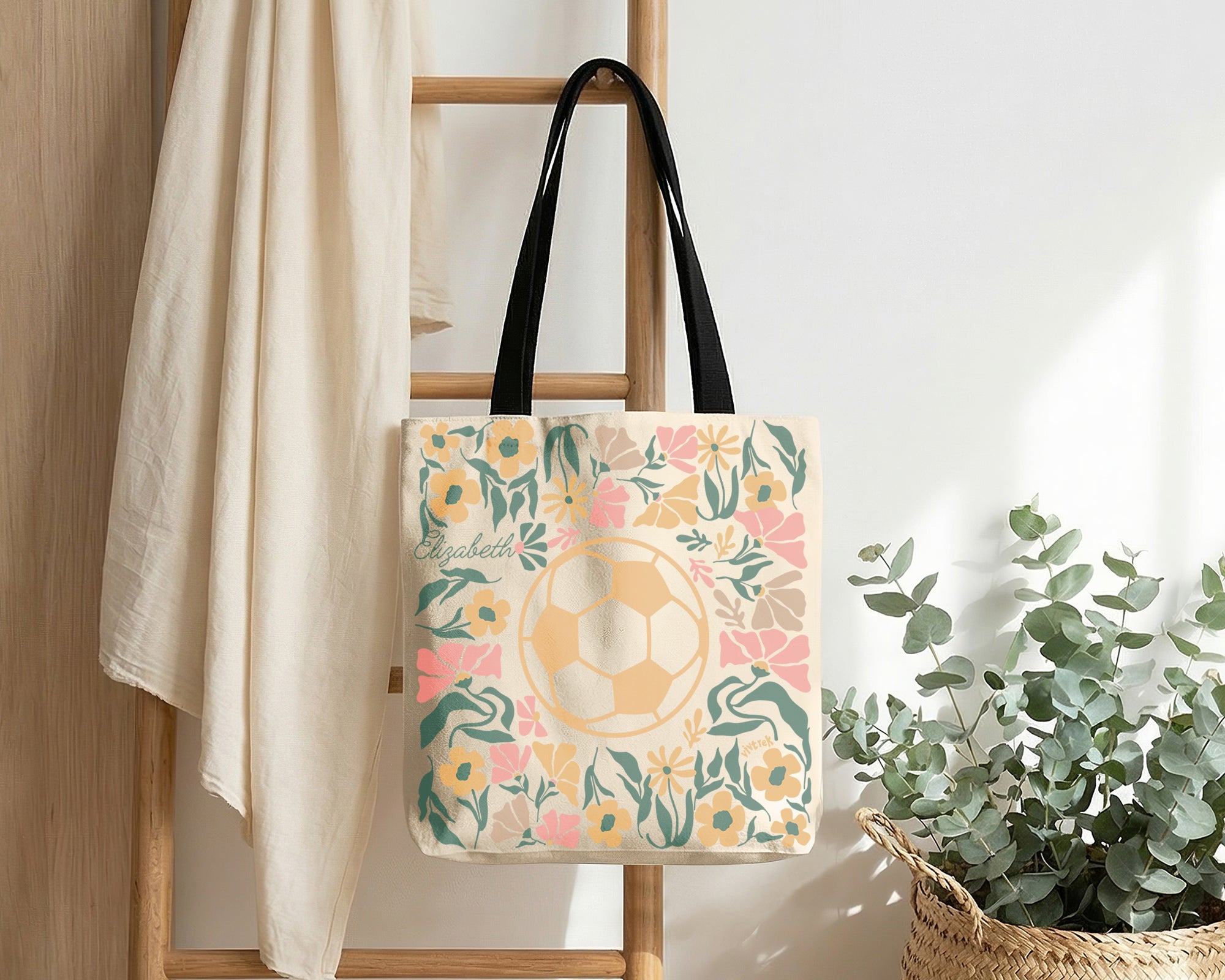 Custom Name Soccer Floral Tote Bag, Personalized Football Lover Bag, Cute Sports Canvas Tote, Soccer Player Gift, Aesthetic Soccer Carry Bag