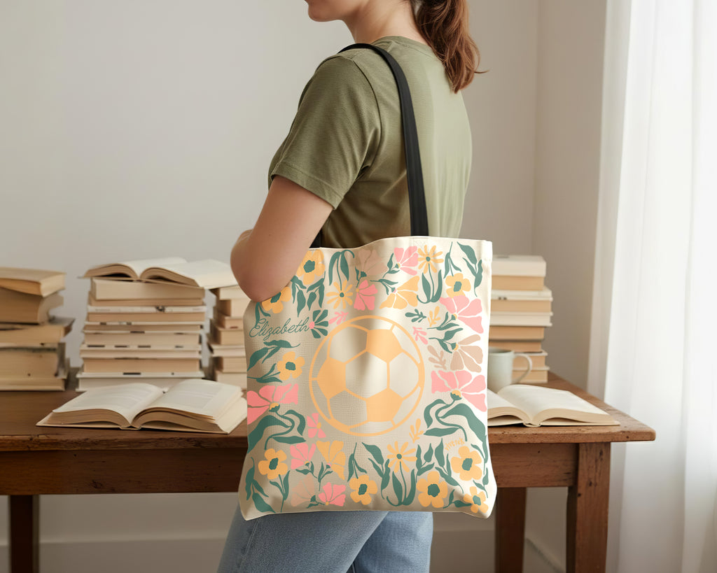 Custom Name Soccer Floral Tote Bag, Personalized Football Lover Bag, Cute Sports Canvas Tote, Soccer Player Gift, Aesthetic Soccer Carry Bag