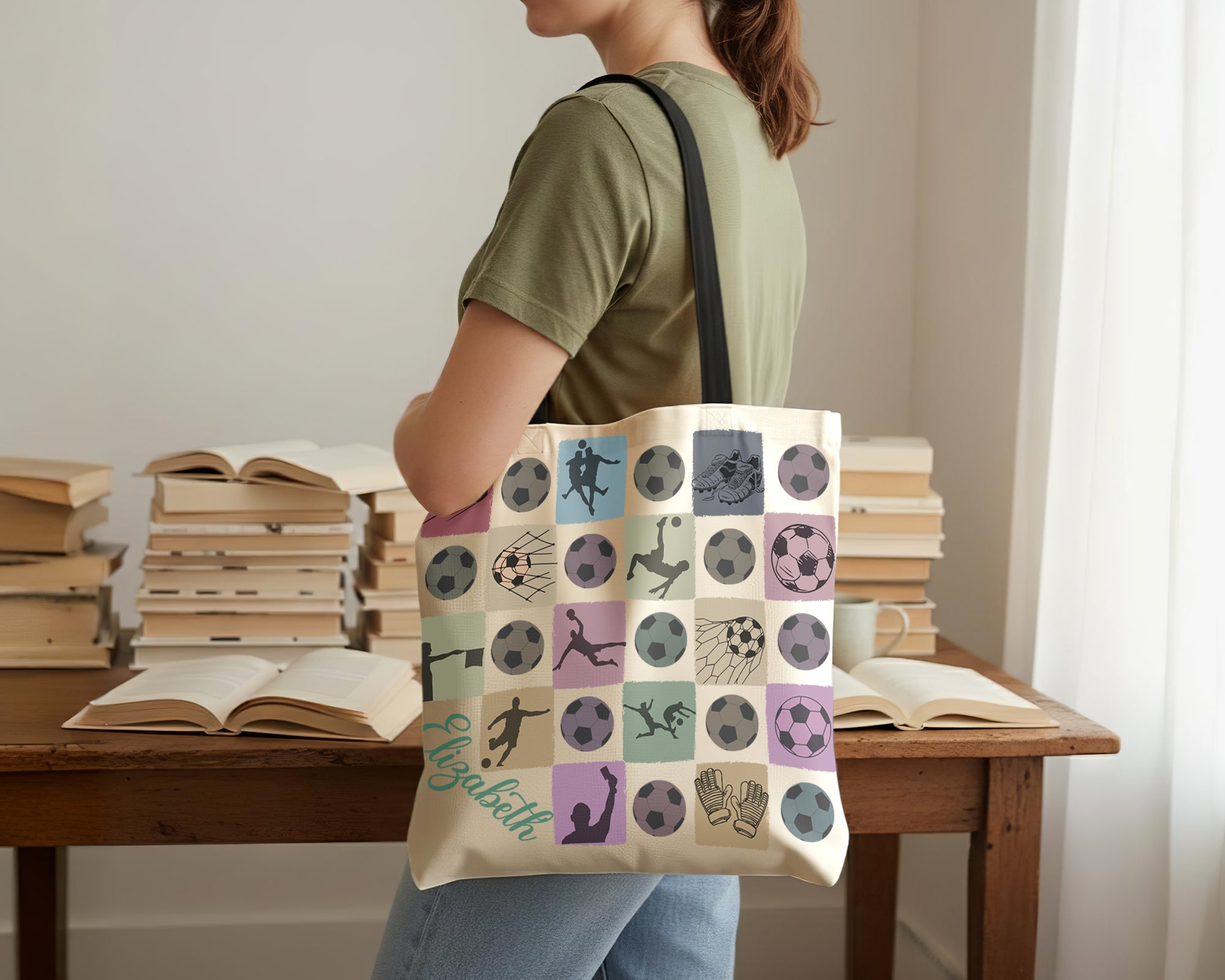 Custom Soccer Tote Bag, Personalized Name Football Canvas Tote, Retro Soccer Lover Gift, Cute Sports Carry Bag, Player Gift Tote