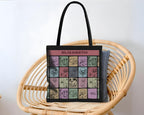 Tote bag with colorful dog illustrations and name text