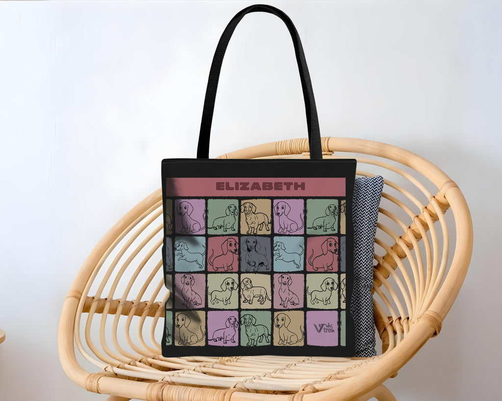 Tote bag with dog illustrations and branding text with name