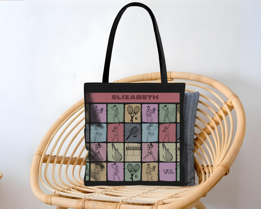 Tote bag with tennis-themed design and 'Elizabeth' branding on a wicker chair.