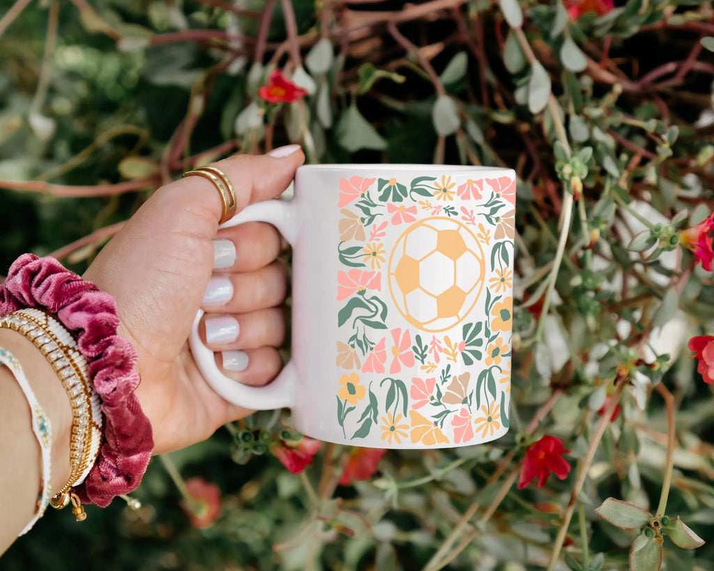 Soccer Floral Coffee Mug Gift, Cute Football Lover Cup, Sports Fan Ceramic Mug, Soccer Player Gift Idea, Aesthetic Soccer Drinkware