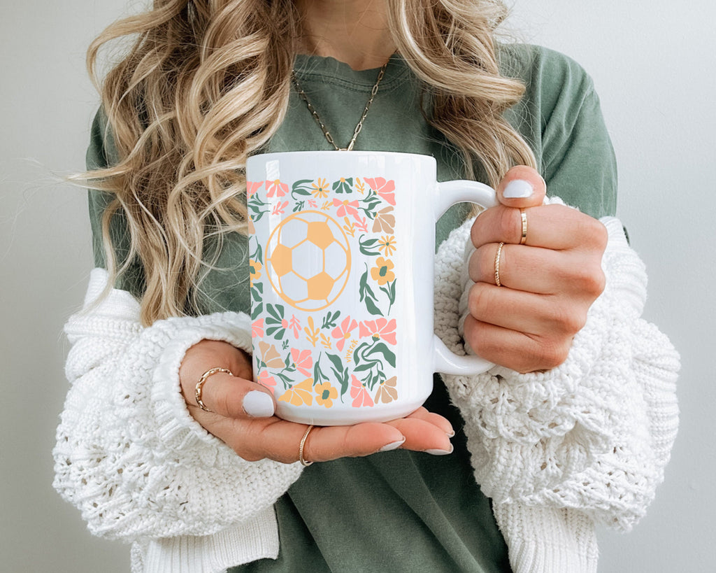 Soccer Floral Coffee Mug Gift, Cute Football Lover Cup, Sports Fan Ceramic Mug, Soccer Player Gift Idea, Aesthetic Soccer Drinkware