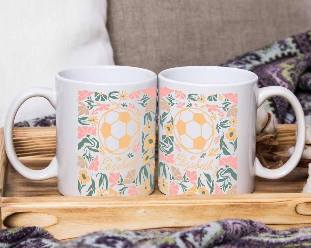 Custom Name Soccer Mug Gift, Personalized Football Coffee Cup, Soccer Lover Floral Mug, Player Name Sports Gift, Unique Soccer Fan Drinkware