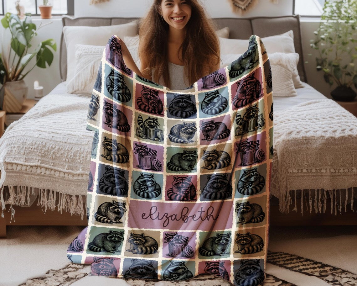 Personalized Raccoon Gift Blanket with Custom Name | Vintage Throw for Raccoon Lovers | Funny Trashy Animal Décor