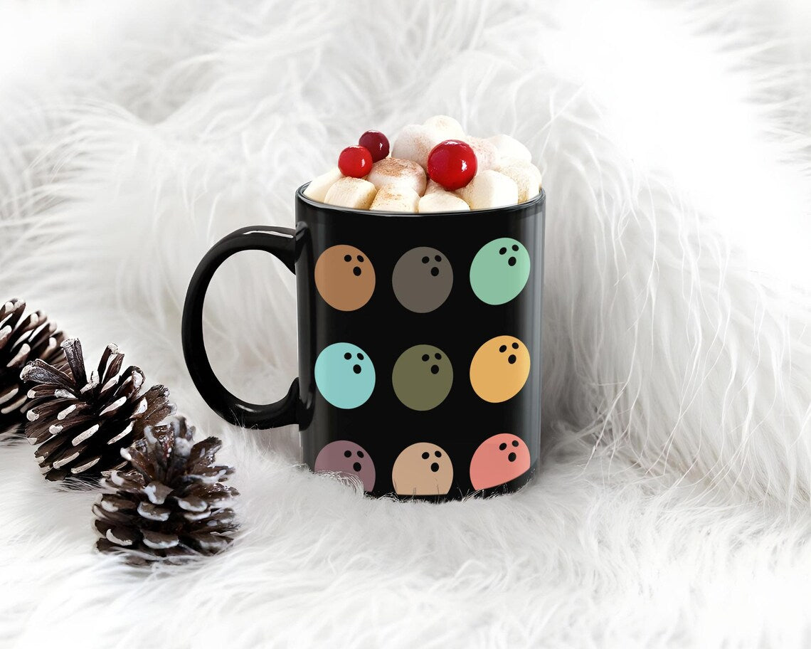 Retro Bowling Lover Mug | Vintage Black Coffee Cup Gift | Distressed Sports Enthusiast Present | Cute Bowler Mug