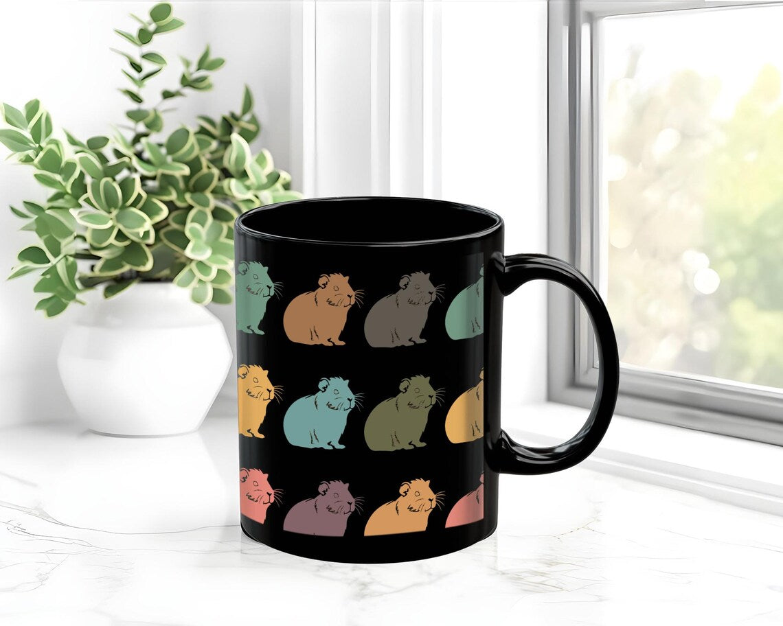 Retro Guinea Pig Mug – Vintage Black Coffee Cup Under $25, Distressed Pet Lover Gift for Guinea Pig Owners ☕🐹
