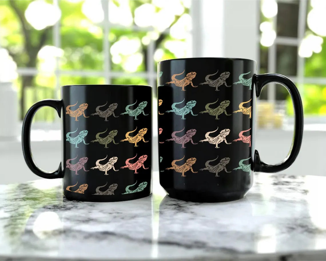 Retro Bearded Dragon Lover Mug | Vintage Black Coffee Cup | Distressed Reptile Mug Gift | Cute Bearded Dragon Lover Present for Pet Owners