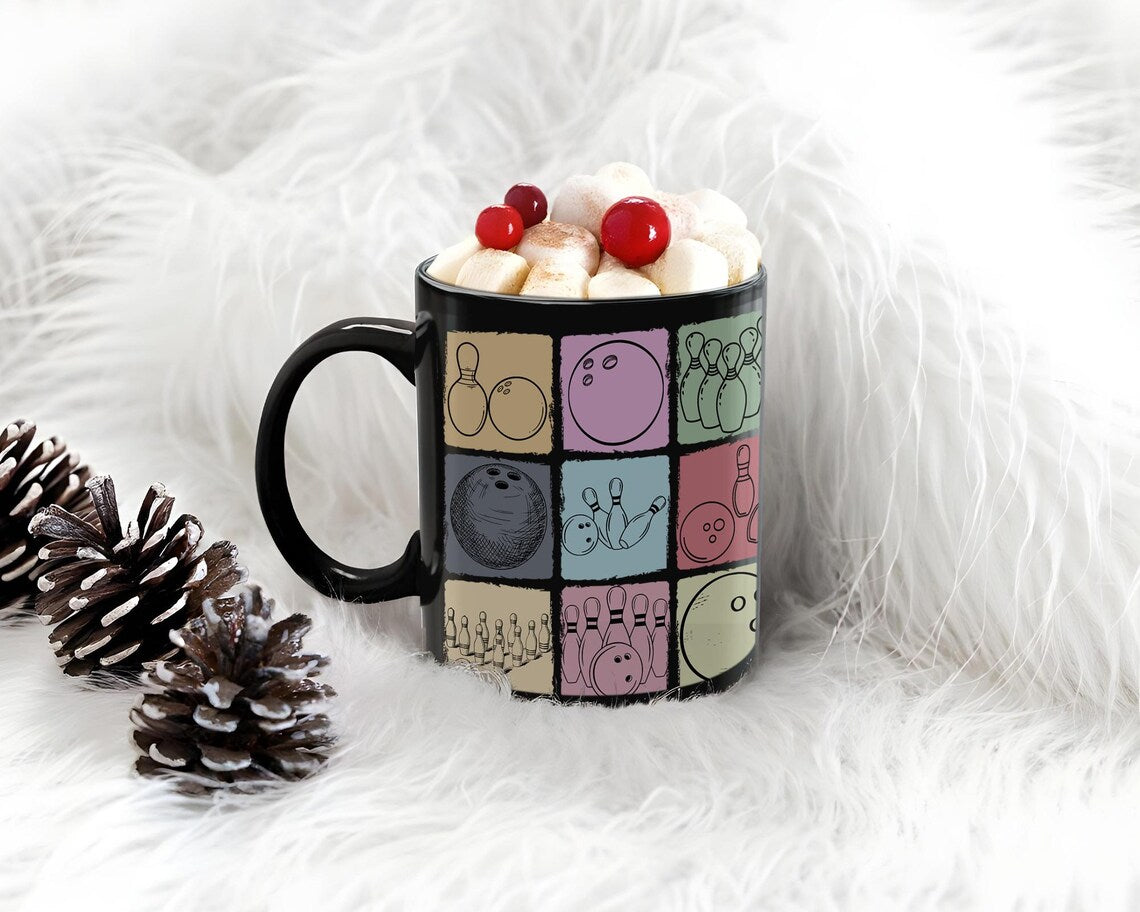 Vintage Bowling Lover Mug | Retro Black Coffee Cup Gift | Distressed Sports Enthusiast Present | Cute Bowler Mug