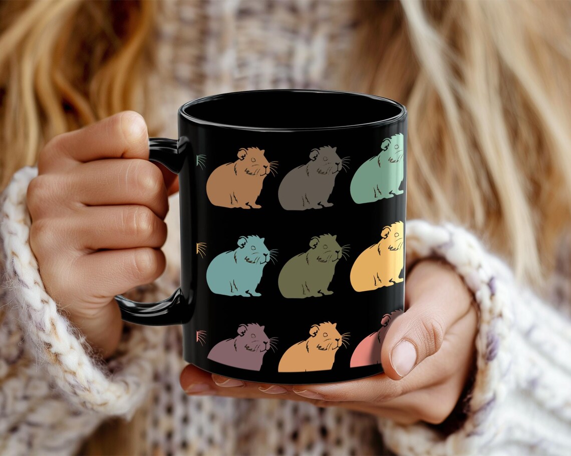 Retro Guinea Pig Mug – Vintage Black Coffee Cup Under $25, Distressed Pet Lover Gift for Guinea Pig Owners ☕🐹