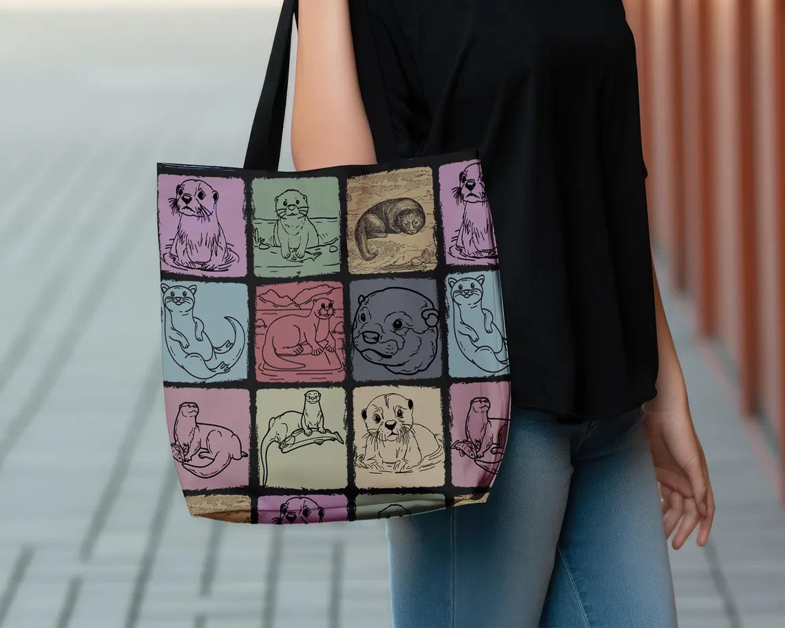 Vintage Otter Lover Tote Bag | Cute Aesthetic Over Shoulder Pet Animal Carrier | Everyday School Grocery Gift