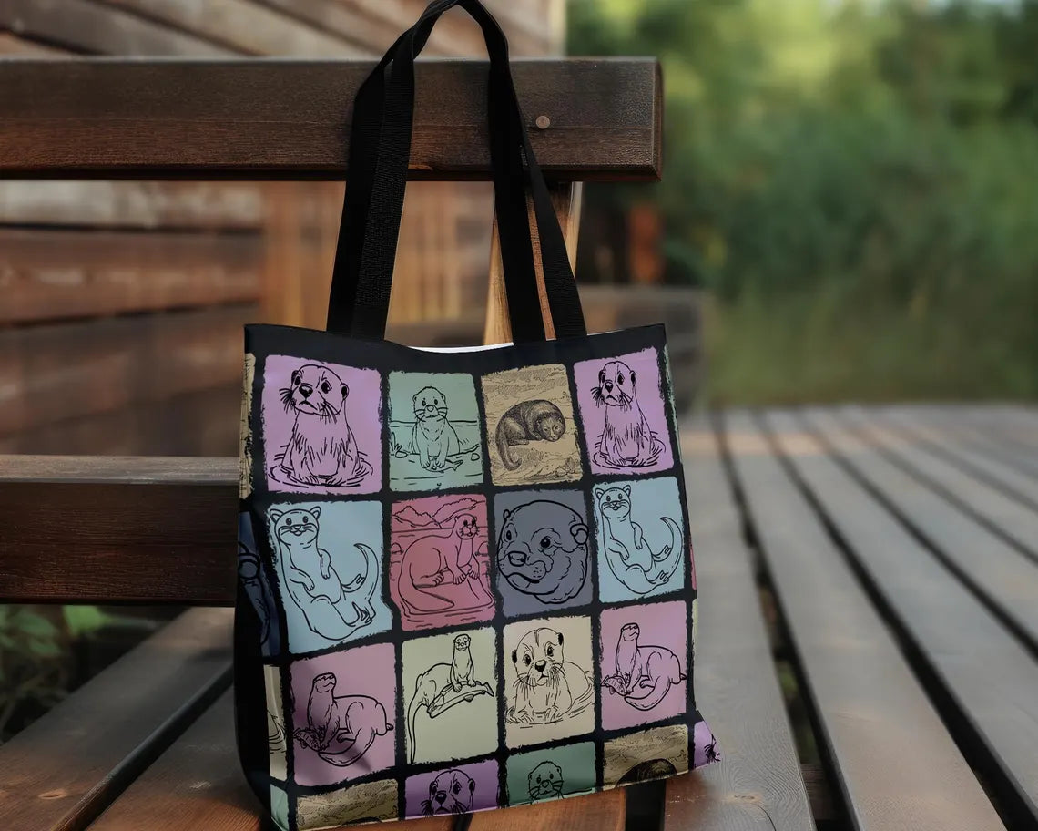 Vintage Otter Lover Tote Bag | Cute Aesthetic Over Shoulder Pet Animal Carrier | Everyday School Grocery Gift