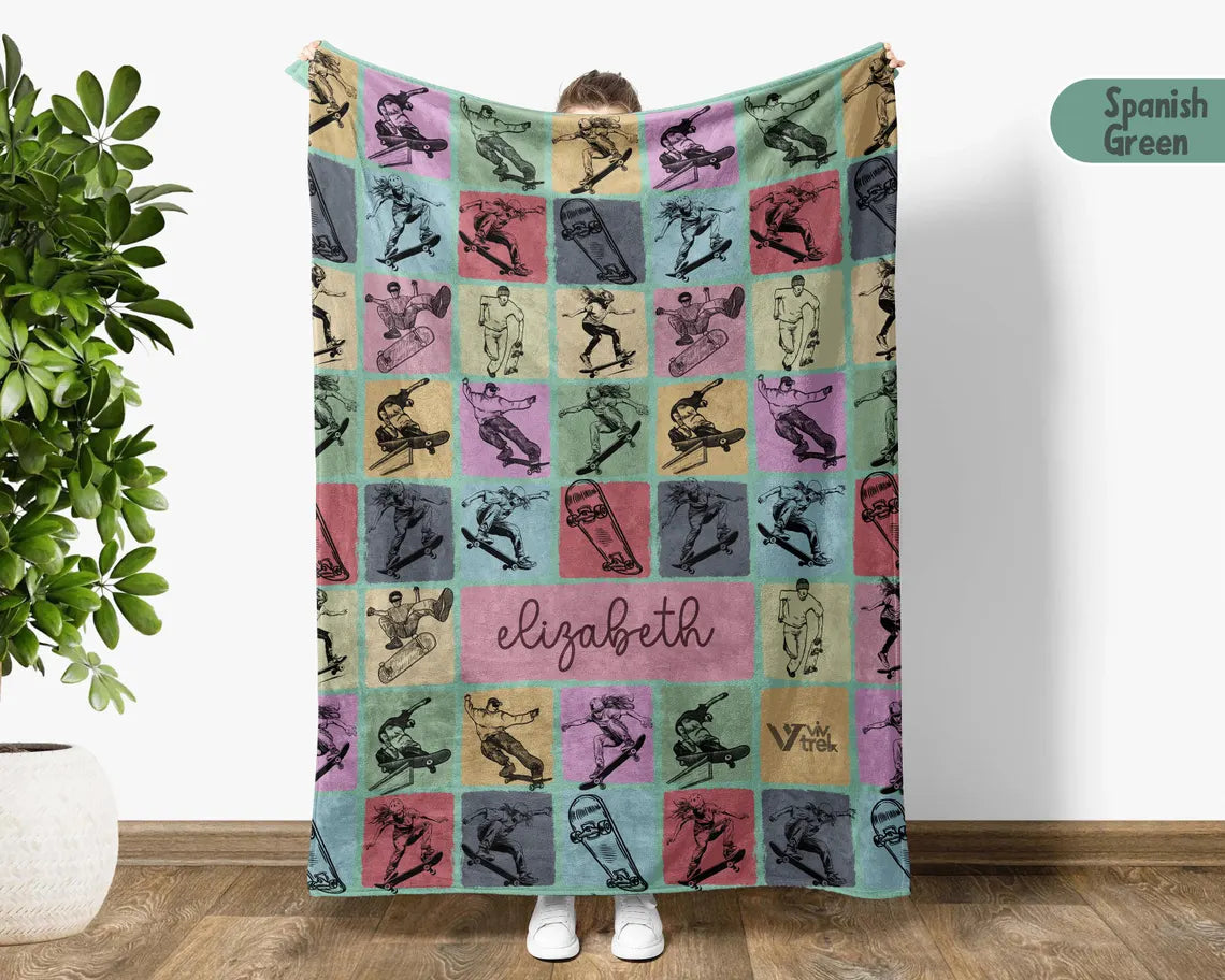 Custom Skateboarding Blanket, Personalized Name Skateboard Gift for Teens, Cool Skateboarder Throw for Boys, Girls, Unique Gift
