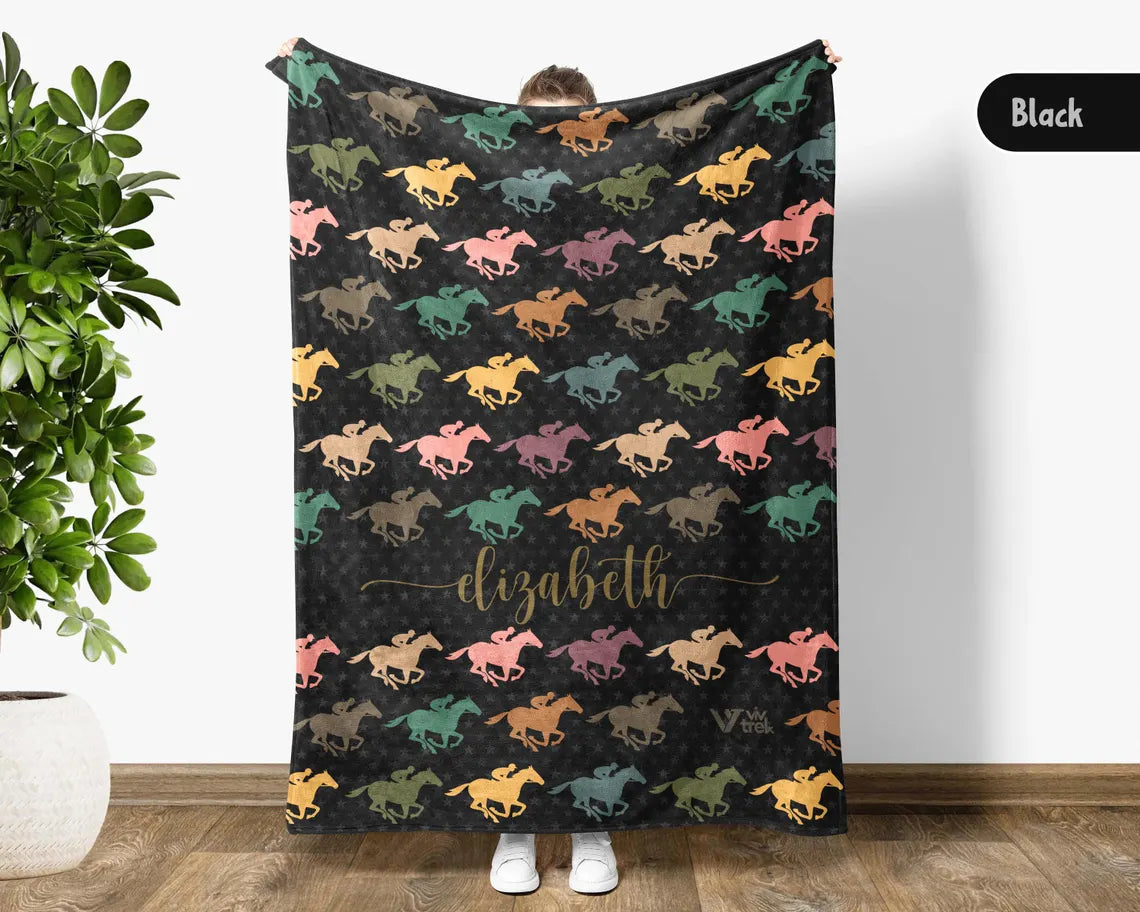 Personalized Horse Racing Blanket, Retro Custom Name Throw, Equestrian Lover Gift, Cozy Race Day Blanket, Sporty Decor for Racing Fans
