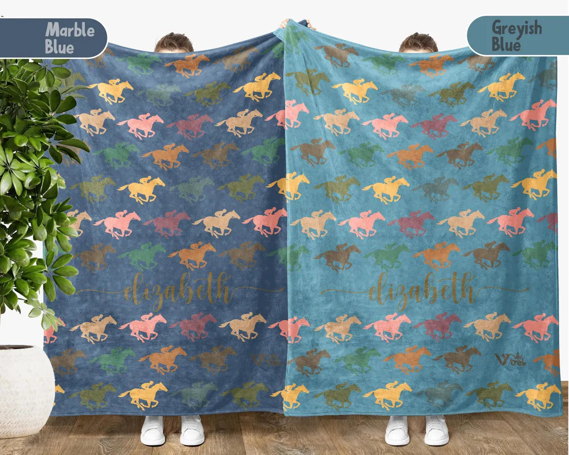 Personalized Horse Racing Blanket, Retro Custom Name Throw, Equestrian Lover Gift, Cozy Race Day Blanket, Sporty Decor for Racing Fans