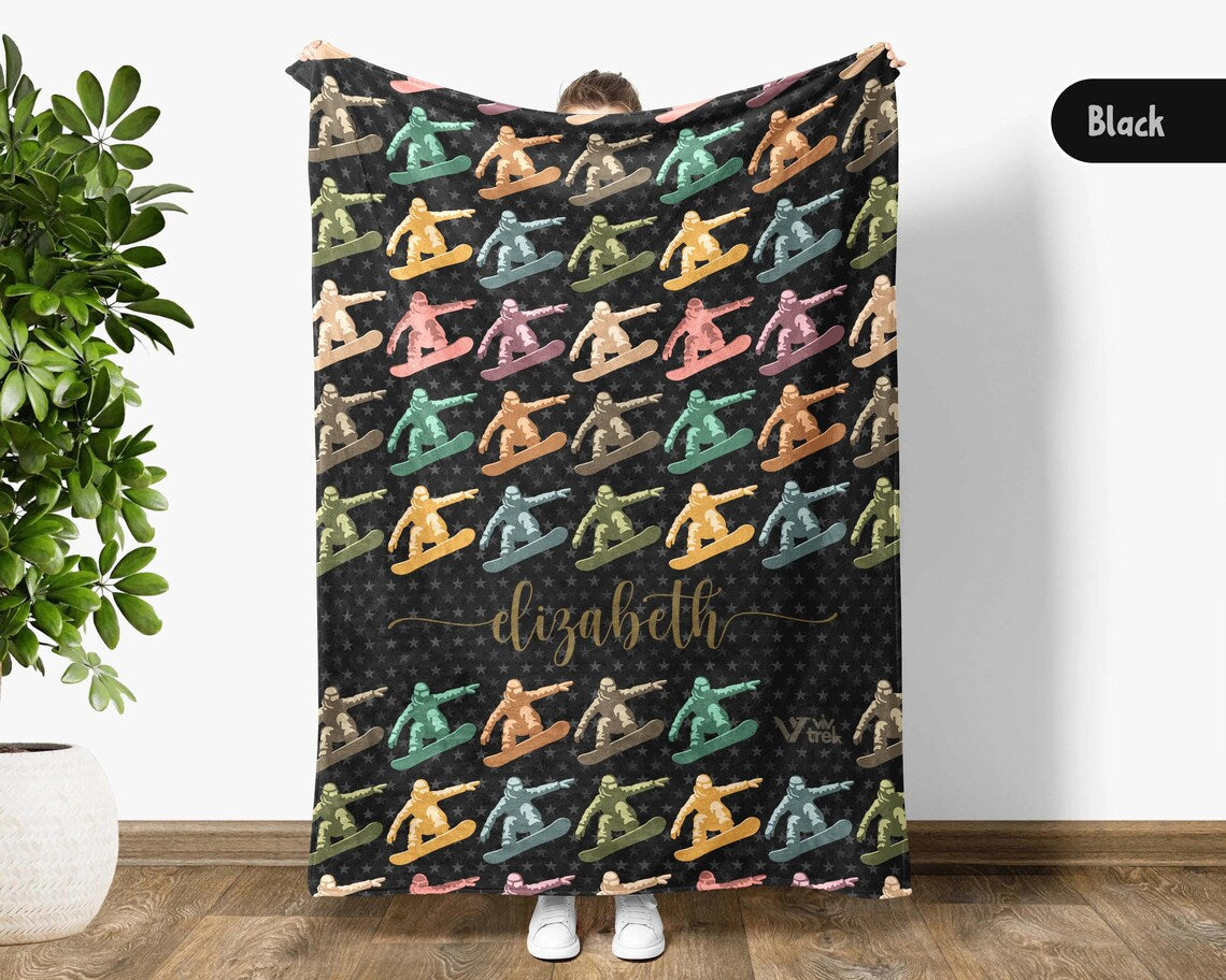 Custom Snowboarding Blanket Retro Personalized Name Winter Sports Throw - Snowboard Lover Gift Cozy Ski Lodge Decor