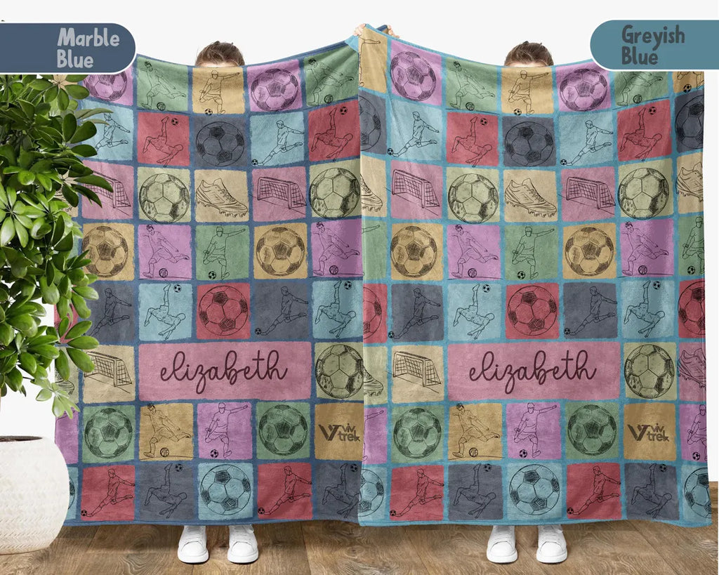 Custom Name Soccer Blanket Gift, Personalized Soccer Throw & Mug Set, Cozy Sports Blankets for Boys Girls, Unique Christmas Gift for Fans