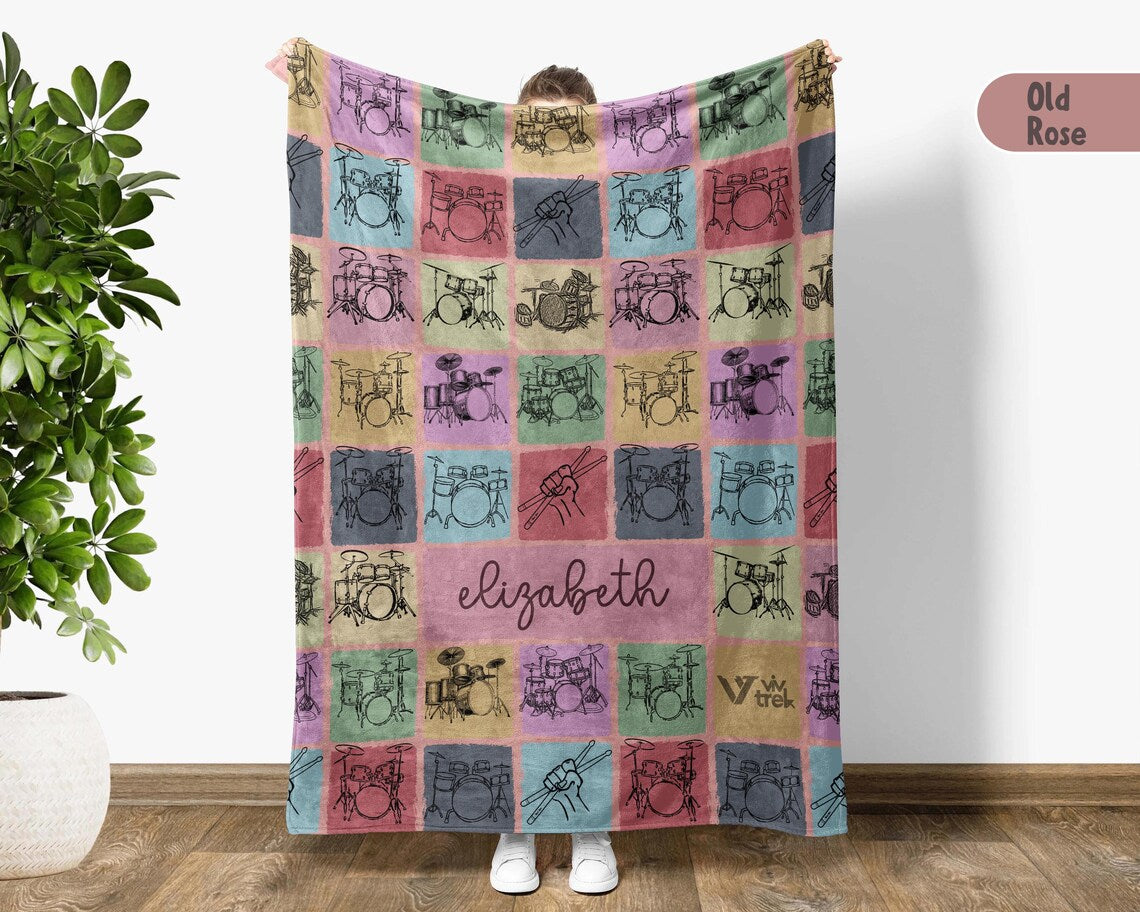 Personalized Vintage Drummer Gift Blanket - Retro Custom Name Drum Lover Throw - Musician Fleece Blanket Drummer Home Decor
