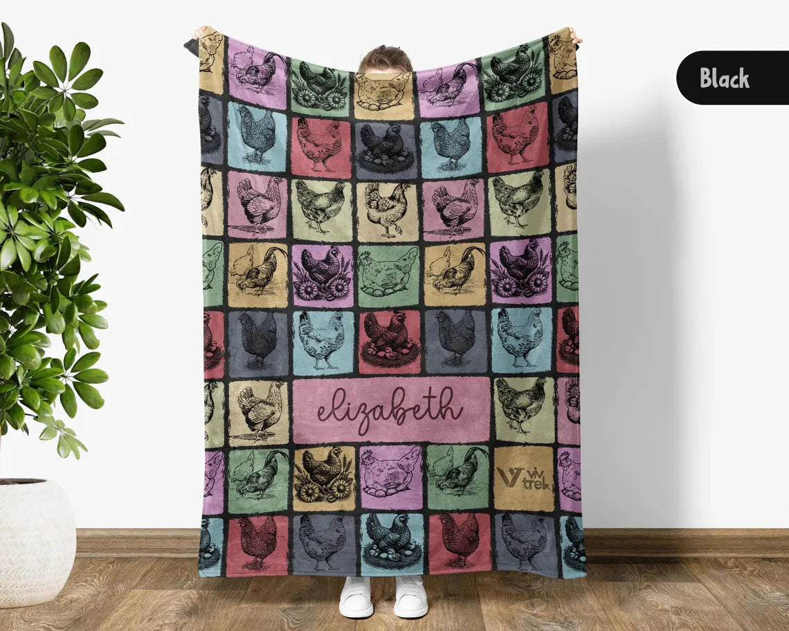 Custom Name Chicken Gift Blanket - Vintage Personalized Chicken Lover Throw - Retro Farm Animal Fleece Blanket Graphic Gift