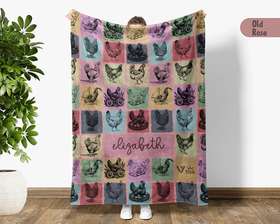 Custom Name Chicken Gift Blanket - Vintage Personalized Chicken Lover Throw - Retro Farm Animal Fleece Blanket Graphic Gift