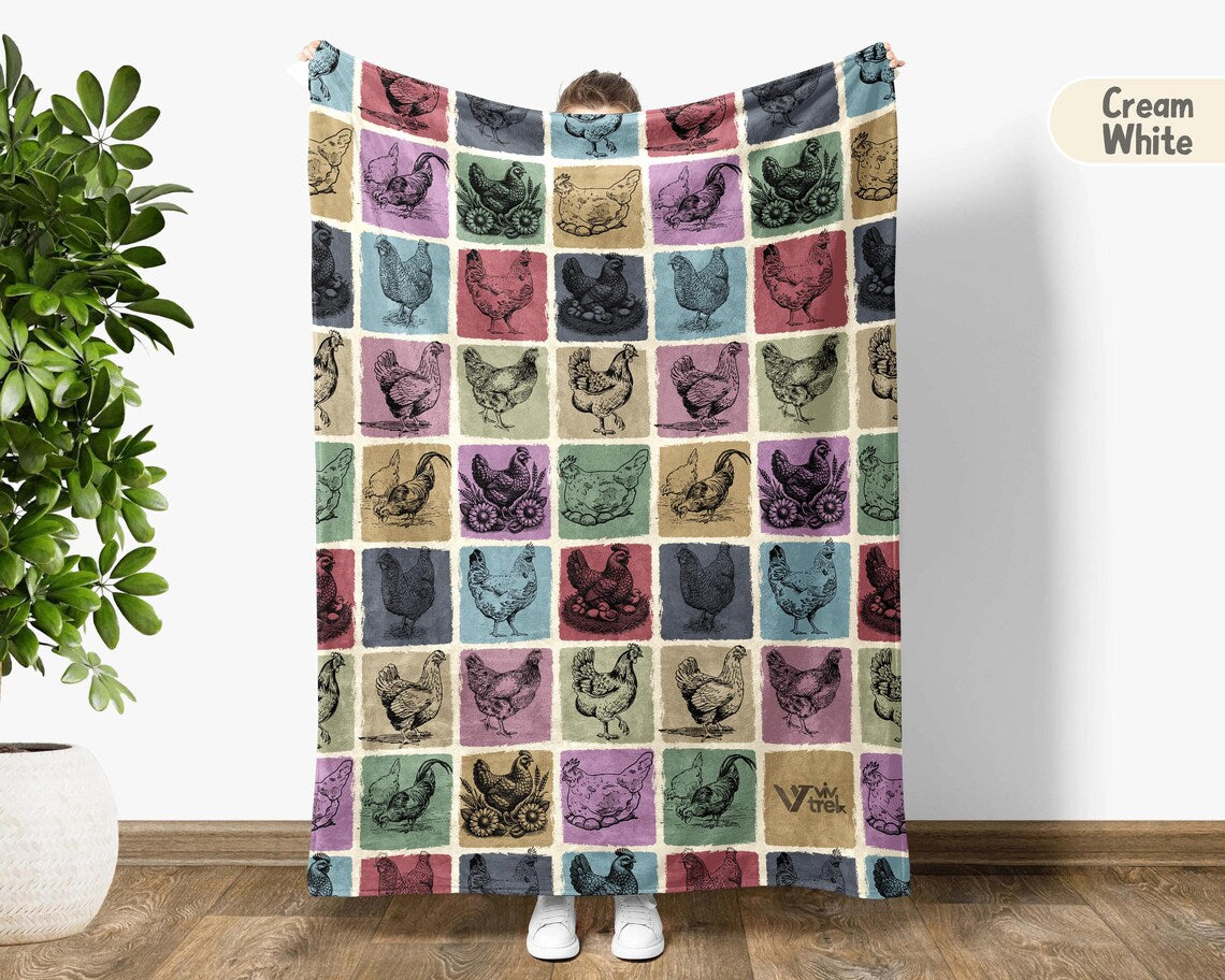 Chicken Gift Blanket Vintage Chicken Lover Throw - Retro Hen Fleece Blanket Cozy Chicken Graphic Unique Animal Lover Gift
