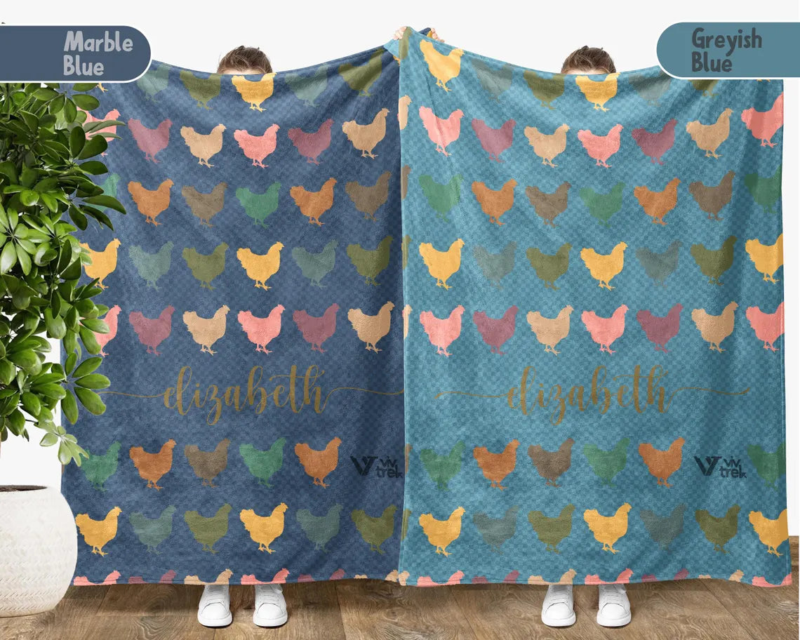 Custom Name Chicken Gift Blanket - Vintage Personalized Chicken Lover Throw - Retro Farm Animal Fleece Blanket Graphic Gift