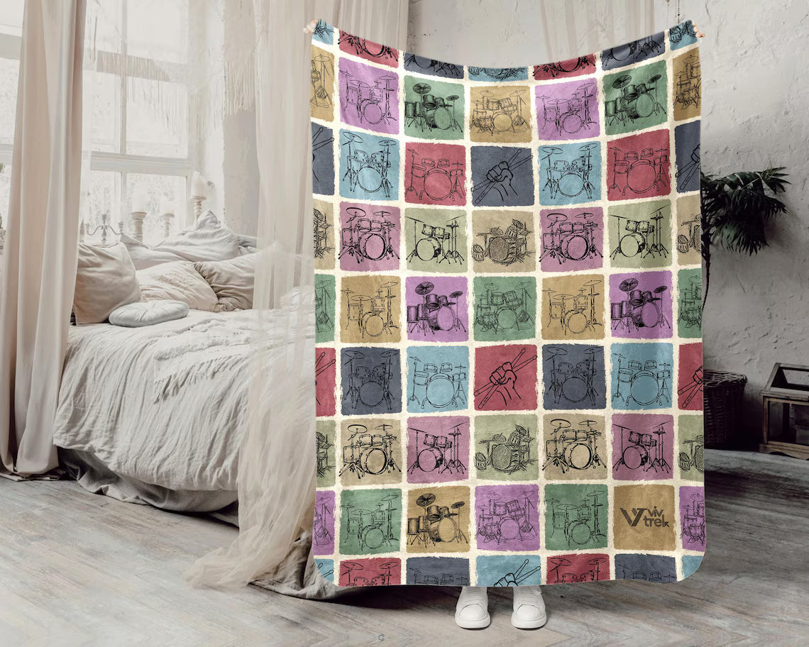 Vintage Drummer Gift Blanket - Retro Drum Lover Throw - Cozy Musician Fleece Blanket Drummer Graphic Home Decor