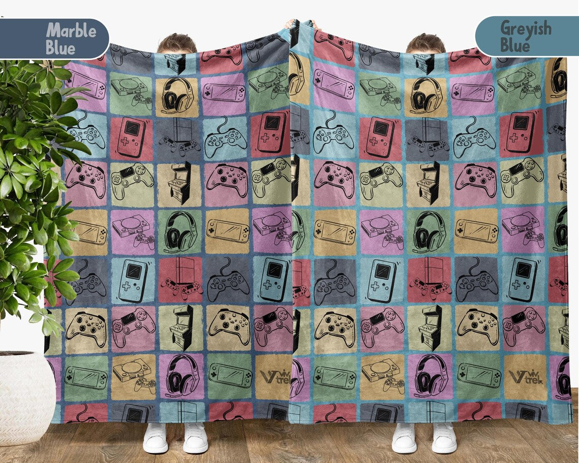 Vintage Video Gaming Gift Blanket - Retro Gamer Lover Throw - Cozy Fleece Video Game Graphic Blankets Unique Decor