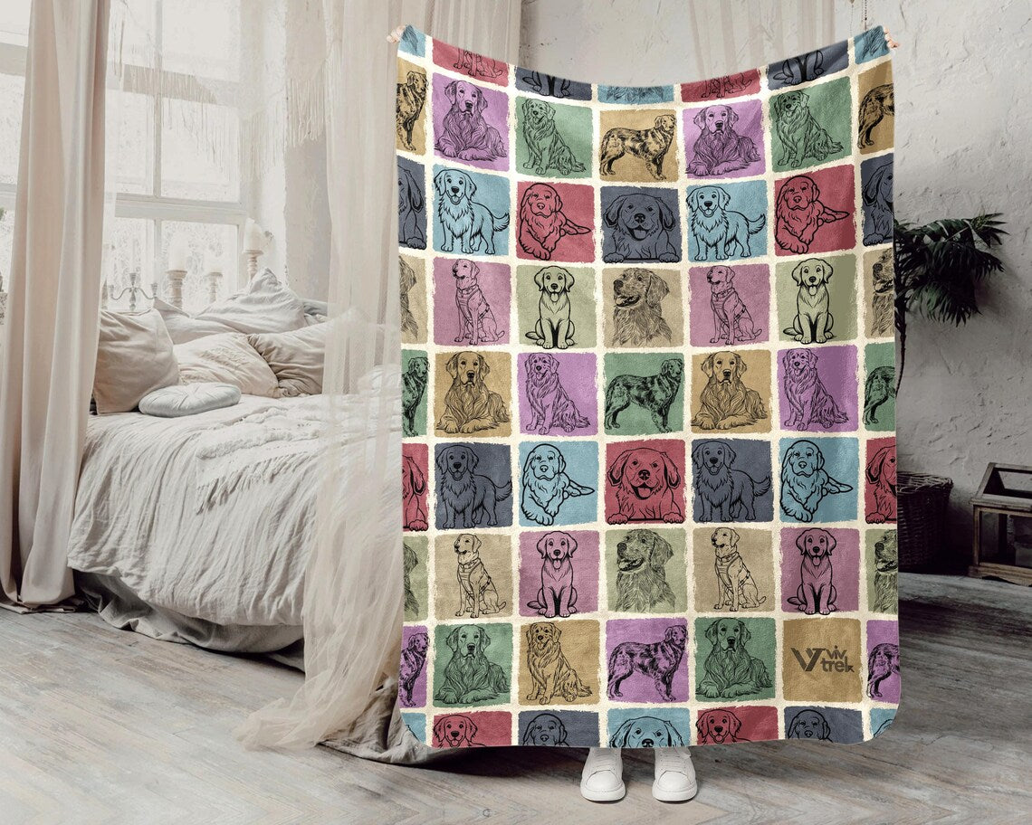 Vintage Golden Retriever Dog Blanket | Cozy Fleece Throw Gift for Dog Lover | Retro Pet Owner Present