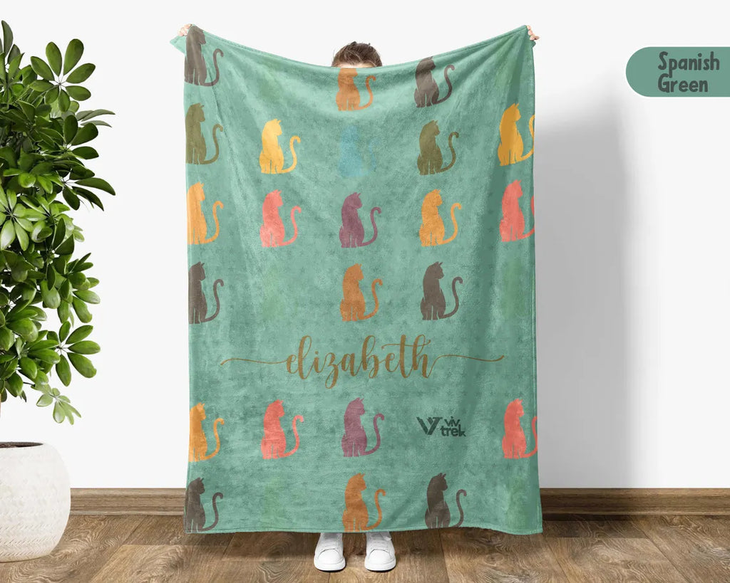 Custom Cat Lover Blanket Personalized Name Kitty Retro Throw - Cute Kitten Gift Cozy Cat Graphic Custom Blankets